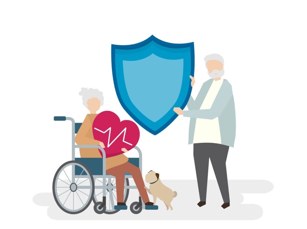 An illustration of an elderly woman on a wheelchair with a dog and his husband by her side